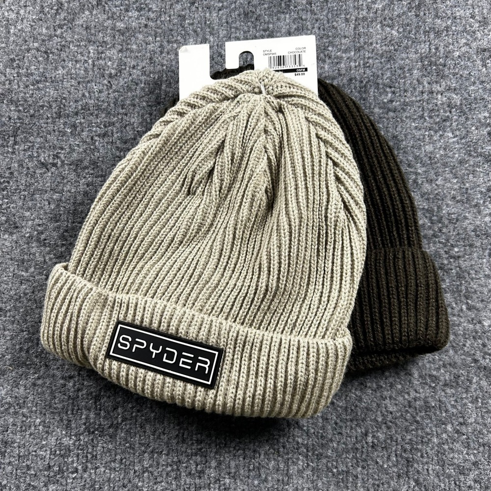 Spyder Mens Beanie 2-Pack Chocolate Tan Ribbed Knit Winter Hats OMSP945 OSFM